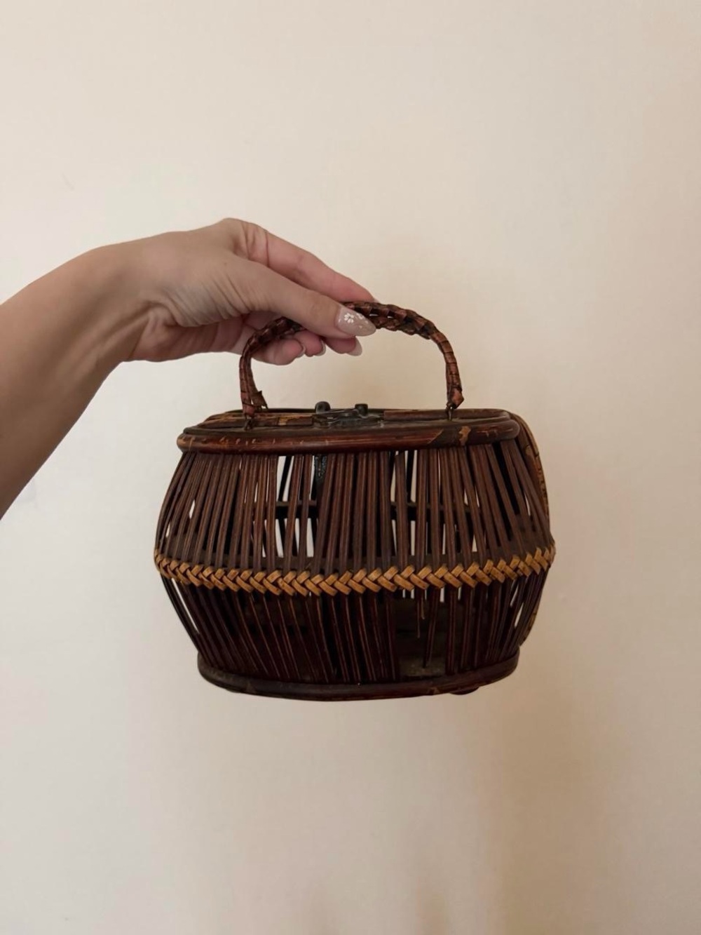 Vintage Wicker & Bamboo Basket Purse Handbag with Carved Lid